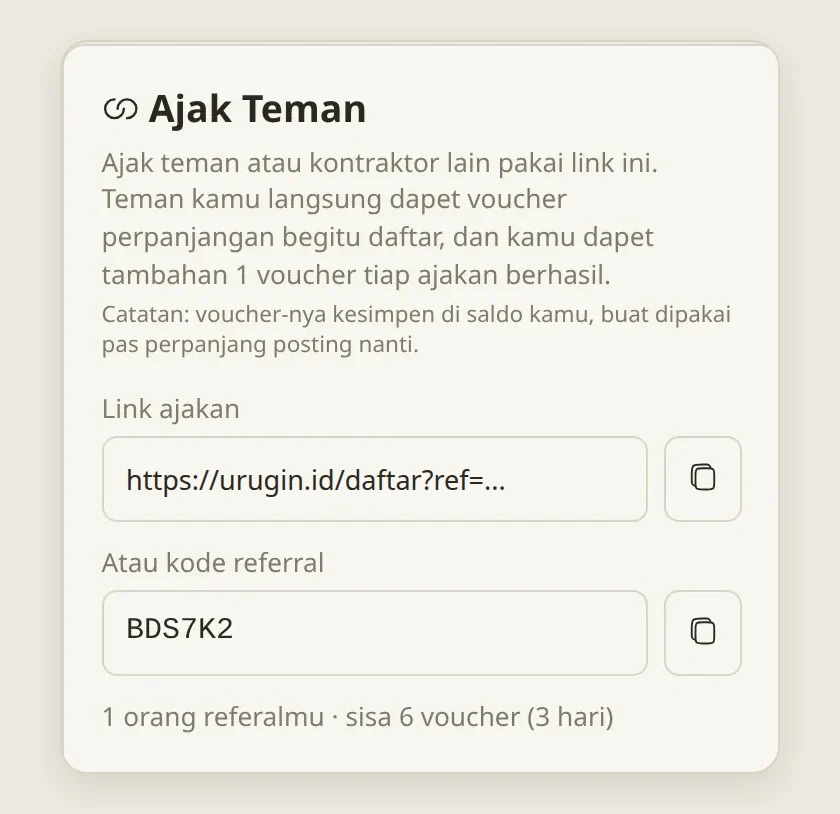 Kartu Ajak Teman: link ajakan, kode referral BDS7K2, dan jumlah orang yang udah diajak serta sisa voucher