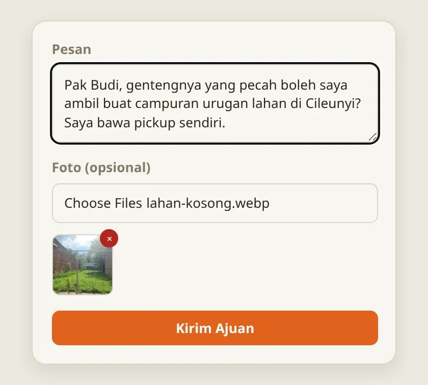 Form ajuan di urugin.id: kolom pesan yang wajib diisi dan foto opsional