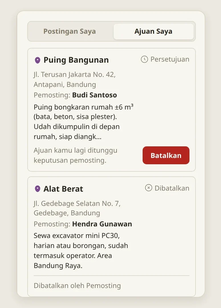 Tab Ajuan Saya di Aktivitas: ajuan Bu Sari di tahap Persetujuan, Dibatalkan, dan Selesai