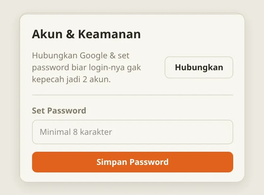 Kartu Akun & Keamanan: tombol Hubungkan Google dan form Set Password