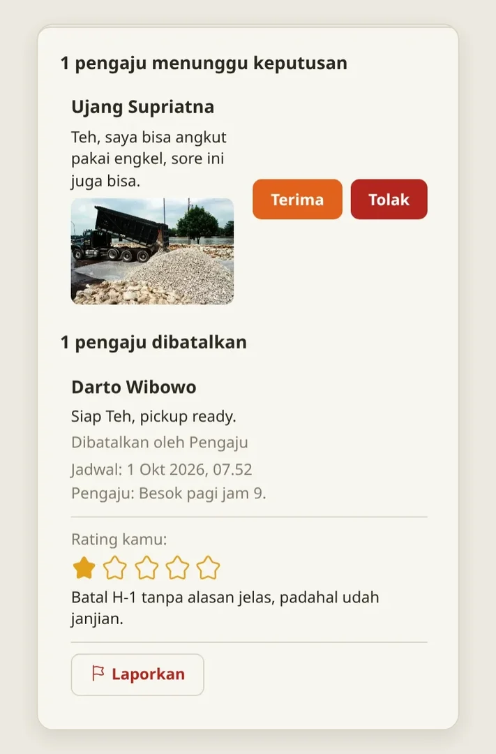 Posting Jasa Angkut Teh Rina: Ujang balik menunggu keputusan, dan Darto dibatalkan oleh pengaju dengan jadwal tercatat, rating 1 bintang dari Teh Rina, dan tombol Laporkan