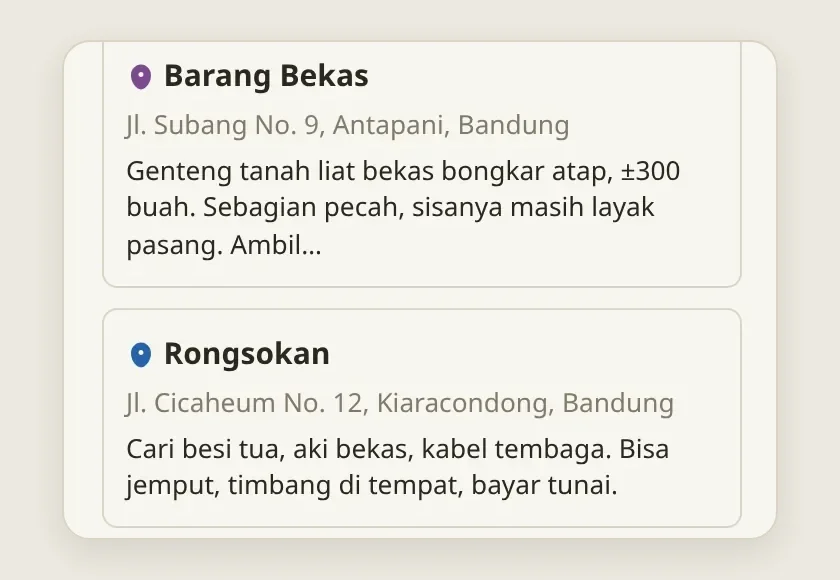 Contoh posting di Postingan di Sekitar: Penawaran Barang Bekas genteng bekas bongkar atap, dan Kebutuhan Rongsokan dari pengepul yang nyari besi tua, aki bekas, dan kabel tembaga, bisa jemput dan timbang di tempat