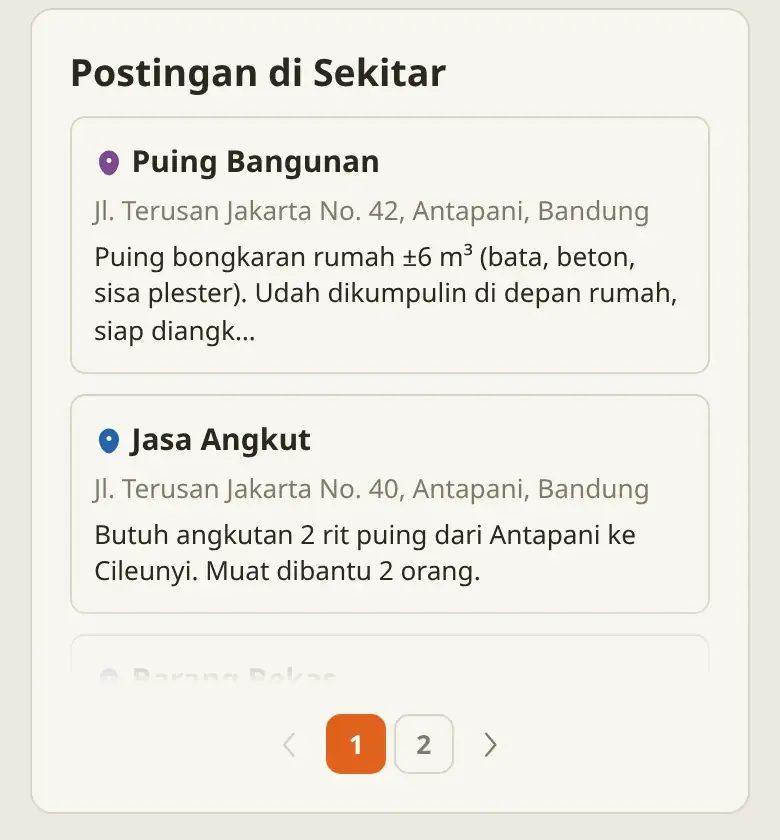 Daftar Postingan di Sekitar: kategori, alamat, dan potongan deskripsi tiap posting