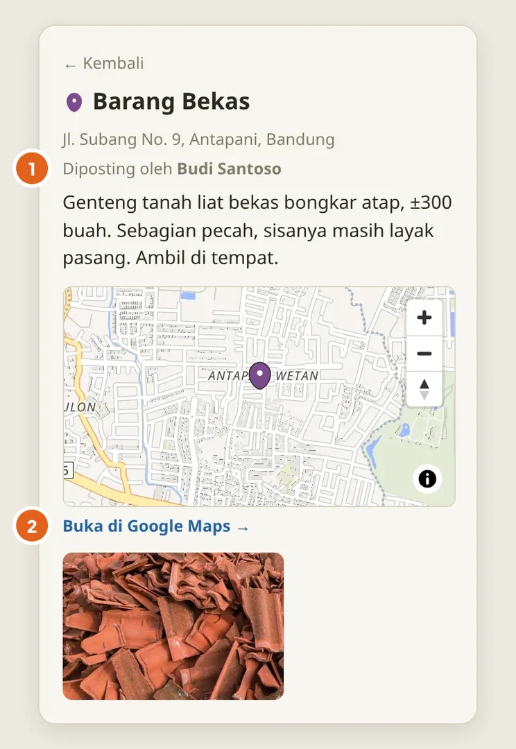 Halaman detail posting Barang Bekas milik Pak Budi: alamat, nama pemosting, deskripsi, peta, dan foto