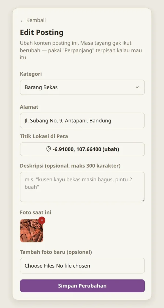 Halaman Edit Posting: kategori, alamat, titik lokasi, deskripsi, foto saat ini, tambah foto baru, dan Simpan Perubahan