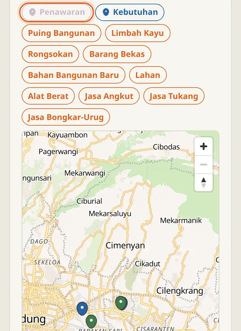 Filter Penawaran dimatiin: di peta tinggal pin biru (Kebutuhan)