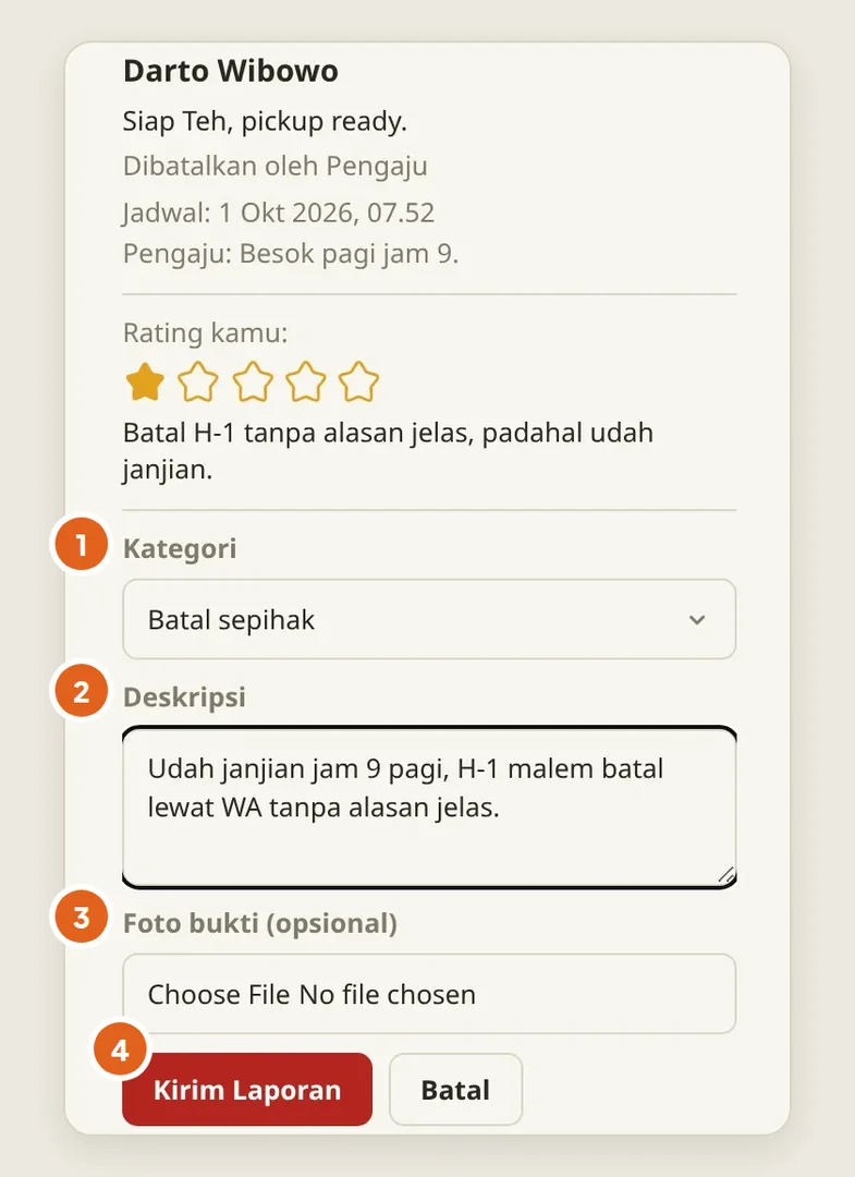 Form laporan Teh Rina: kategori Batal sepihak, deskripsi kejadian, foto bukti, lalu Kirim Laporan
