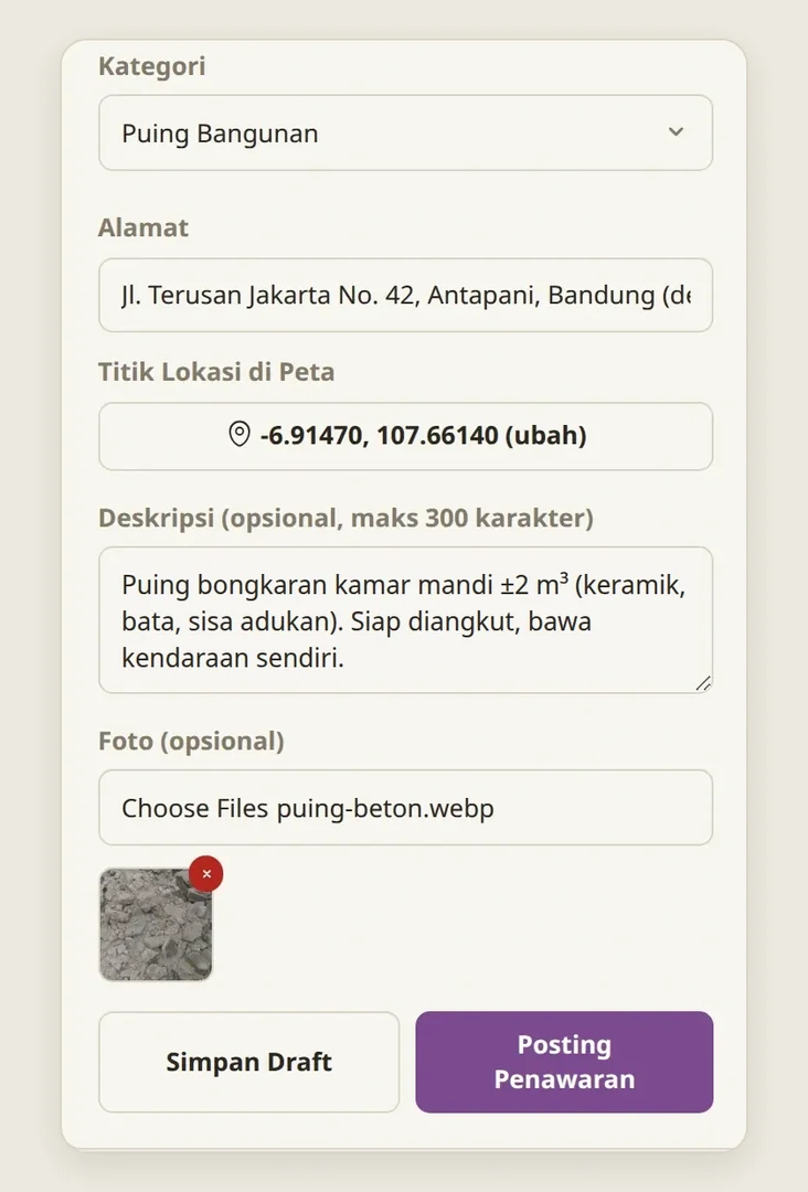 Form posting yang udah terisi: kategori Puing Bangunan, alamat, titik lokasi, deskripsi, dan satu foto
