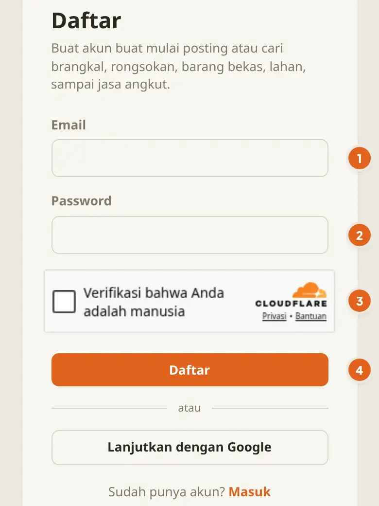 Halaman Daftar urugin.id: isi email dan password, atau klik Lanjutkan dengan Google