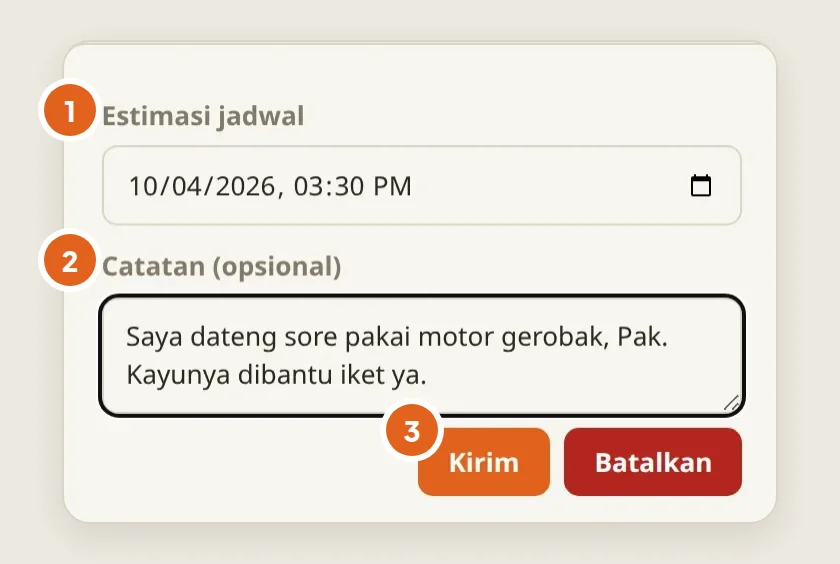 Form estimasi jadwal di HP Kang Dedi: tanggal dan jam, catatan, lalu tombol Kirim atau Batalkan