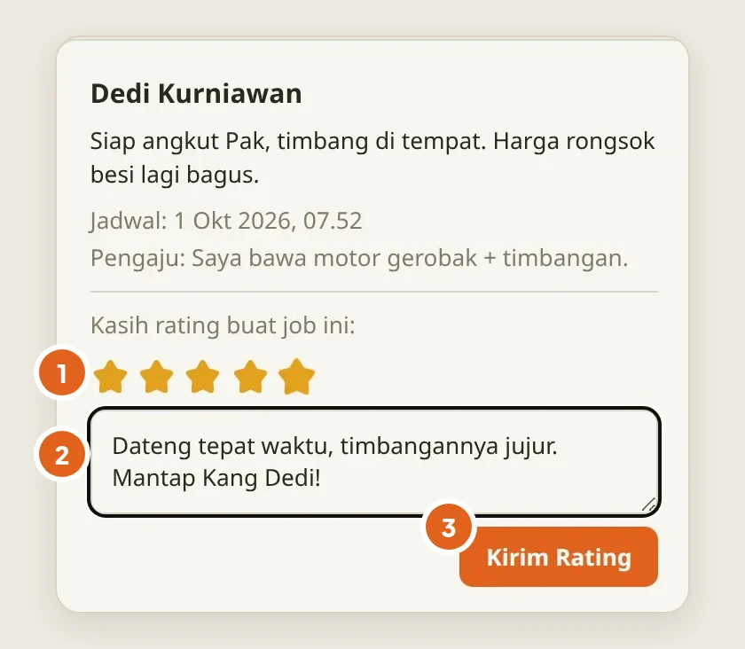 Form rating di HP Pak Budi: pilih bintang, tulis komentar, lalu Kirim Rating