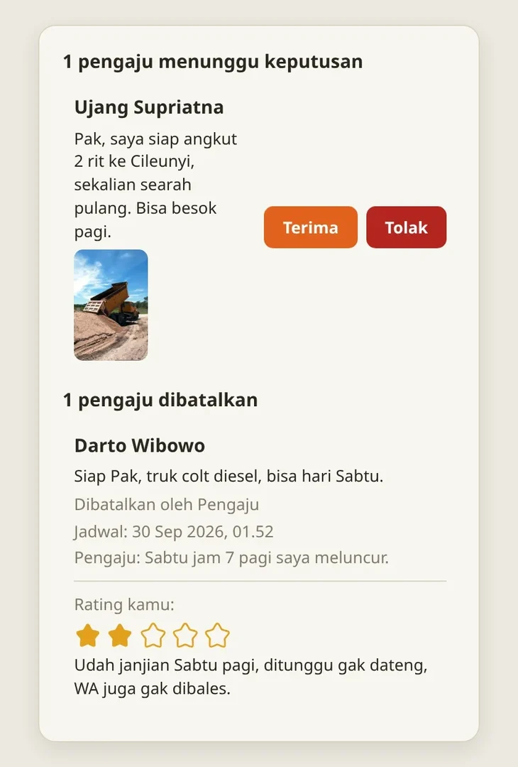 Posting Kebutuhan Jasa Angkut Pak Budi: Mang Ujang menunggu keputusan, dan riwayat Darto yang dibatalkan beserta rating dari Pak Budi