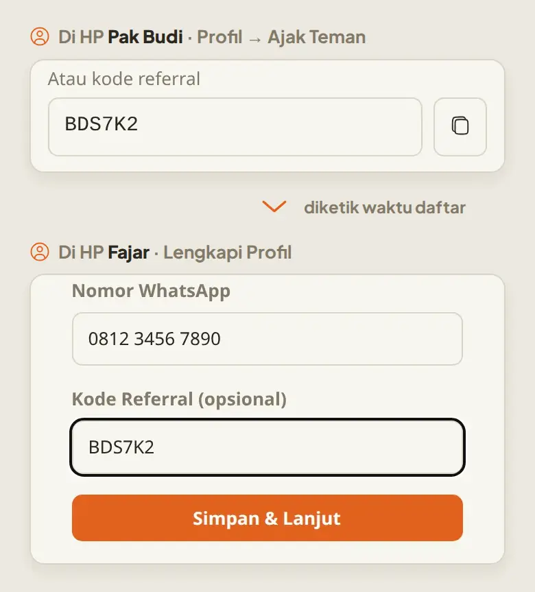 Kode ajakan Pak Budi di kartu Ajak Teman, lalu diketik Fajar di halaman Lengkapi Profil