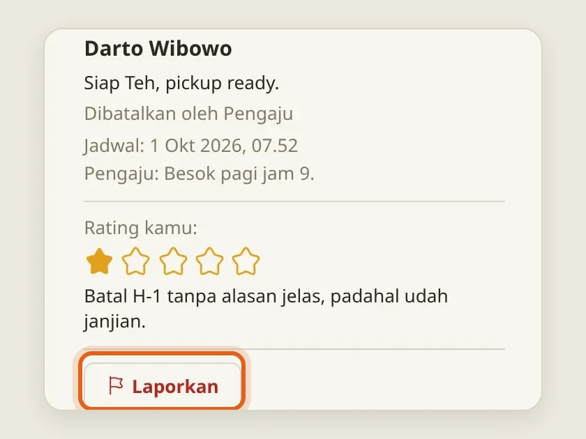 Riwayat Darto di posting Teh Rina: rating 1 bintang dari Teh Rina, lalu tombol Laporkan muncul di bawahnya
