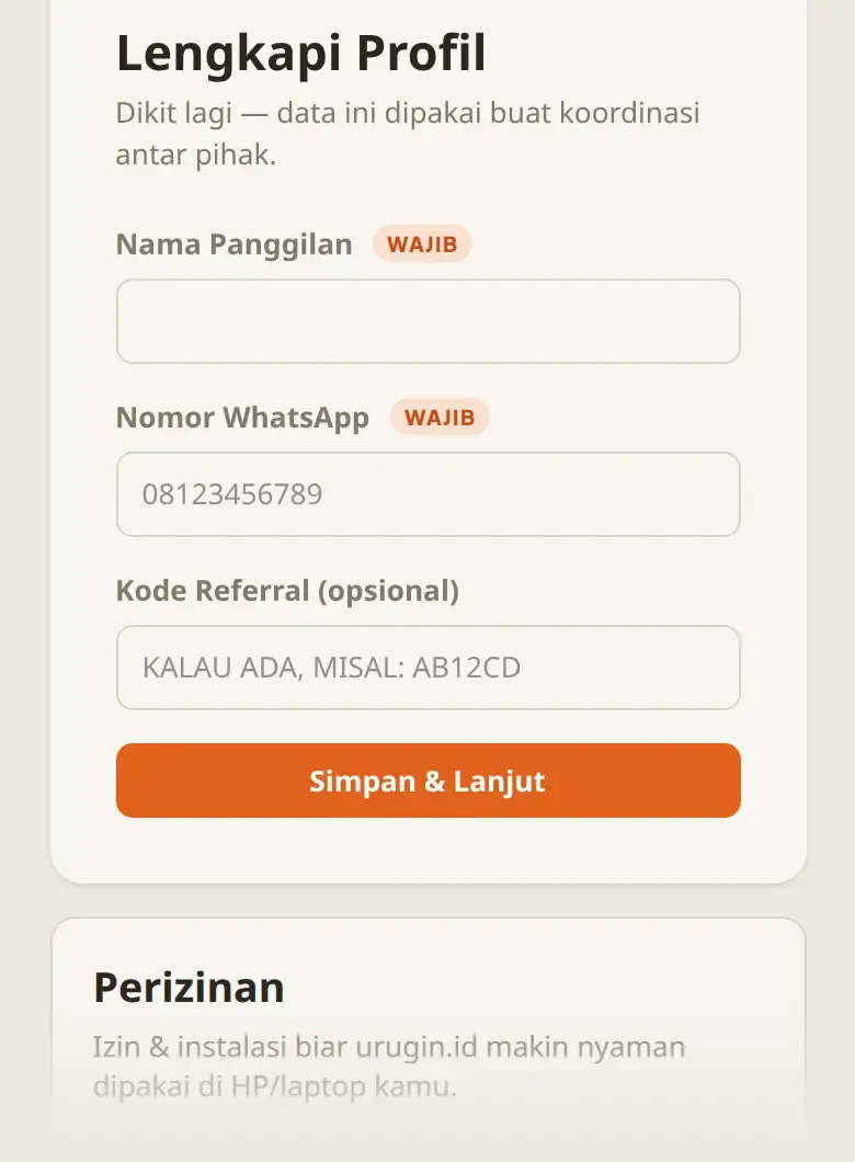 Halaman Lengkapi Profil: Nama Panggilan, Nomor WhatsApp, dan Kode Referral yang opsional