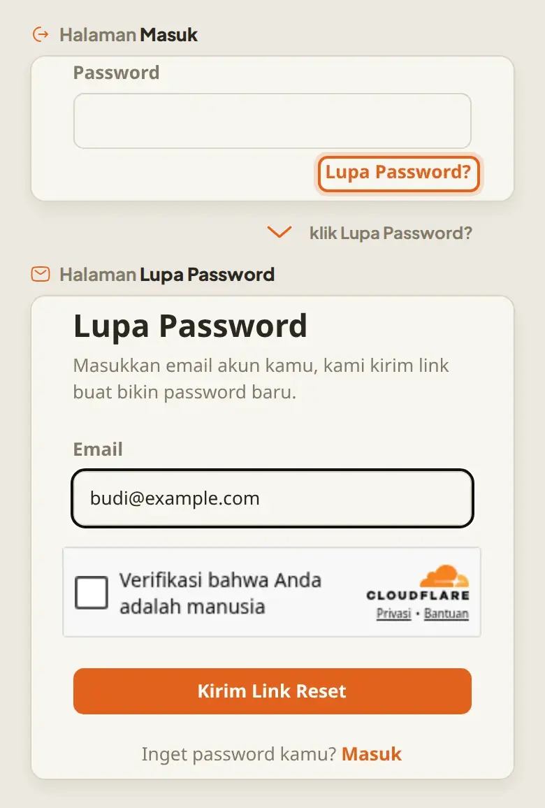 Halaman Masuk dengan link Lupa Password, dan halaman Lupa Password buat minta link reset
