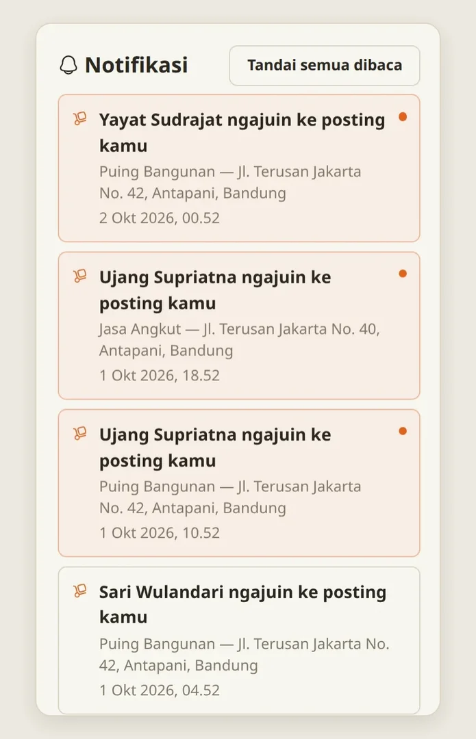 Halaman Notifikasi Pak Budi: Yayat, Ujang, dan Sari ngajuin ke posting kamu, lengkap dengan kategori dan alamat posting