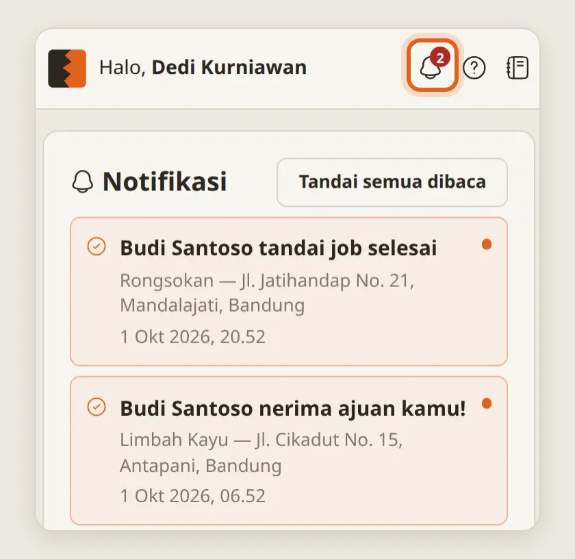 Ikon lonceng dengan angka 2 dan halaman Notifikasi: Budi Santoso tandai job selesai, Budi Santoso nerima ajuan kamu