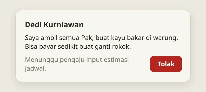 Sisi pemosting di tahap Penjadwalan: Menunggu pengaju input estimasi jadwal, dan tombol Tolak