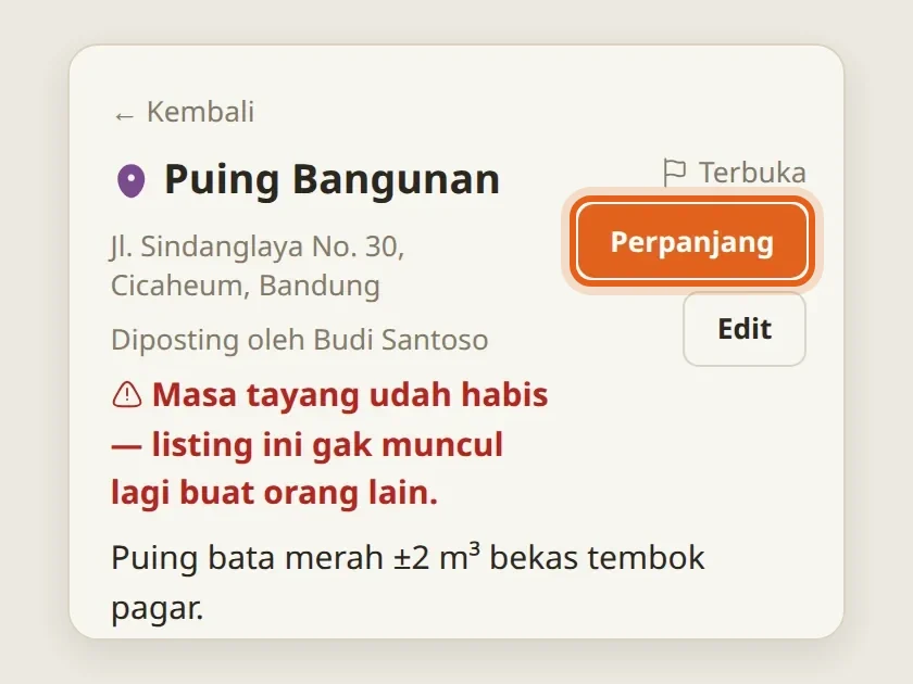 Halaman posting yang masa tayangnya habis: peringatan merah, tombol Perpanjang, dan tombol Edit