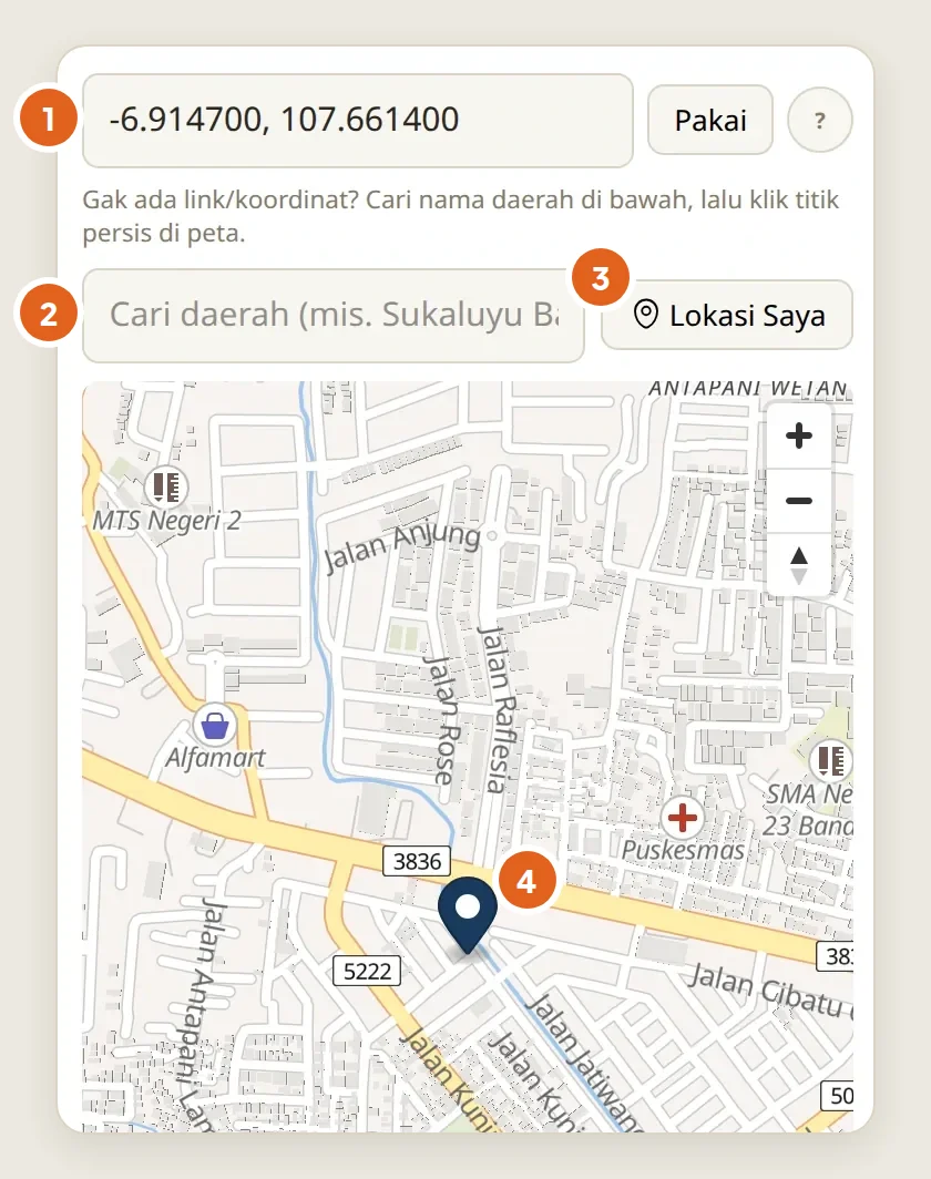 Jendela pilih titik lokasi: kolom paste koordinat atau link Google Maps, cari daerah, tombol Lokasi Saya, dan pin di peta