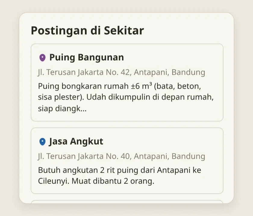 Daftar Postingan di Sekitar di Beranda urugin.id: posting Penawaran dan Kebutuhan terdekat, lengkap dengan kategori, daerah, dan deskripsi singkat