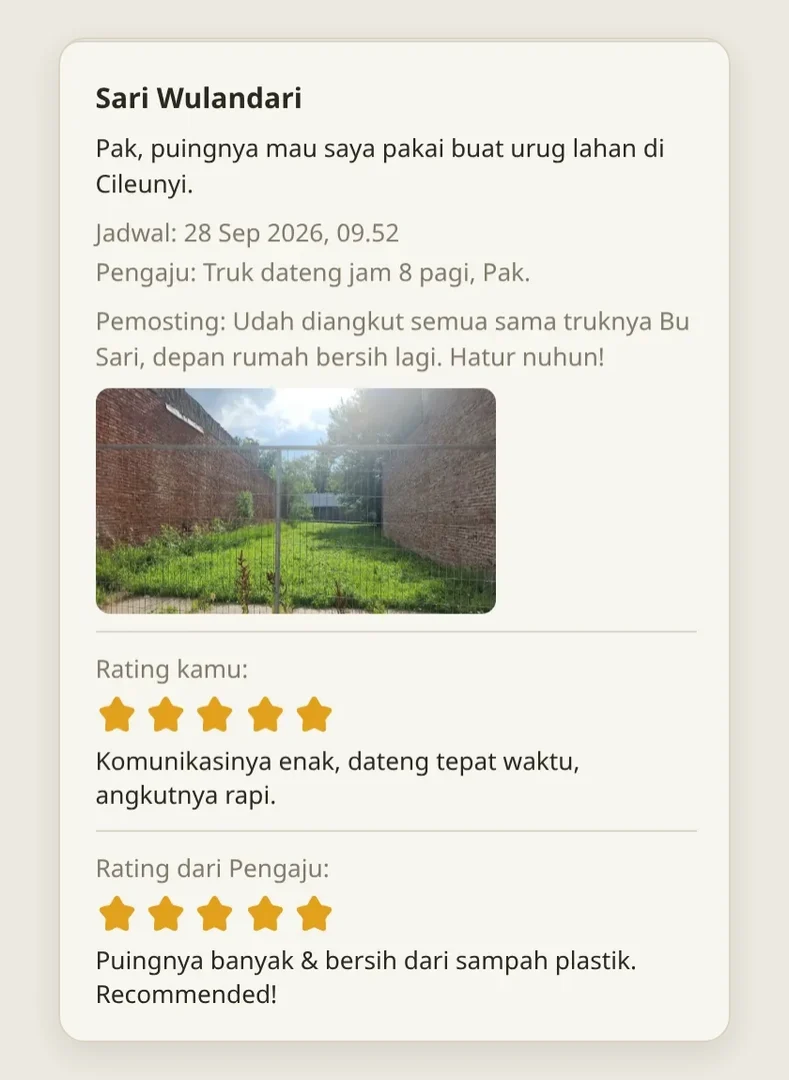 Job Selesai di halaman posting: jadwal, catatan pemosting, foto bukti, rating dari Pak Budi, dan rating dari Bu Sari