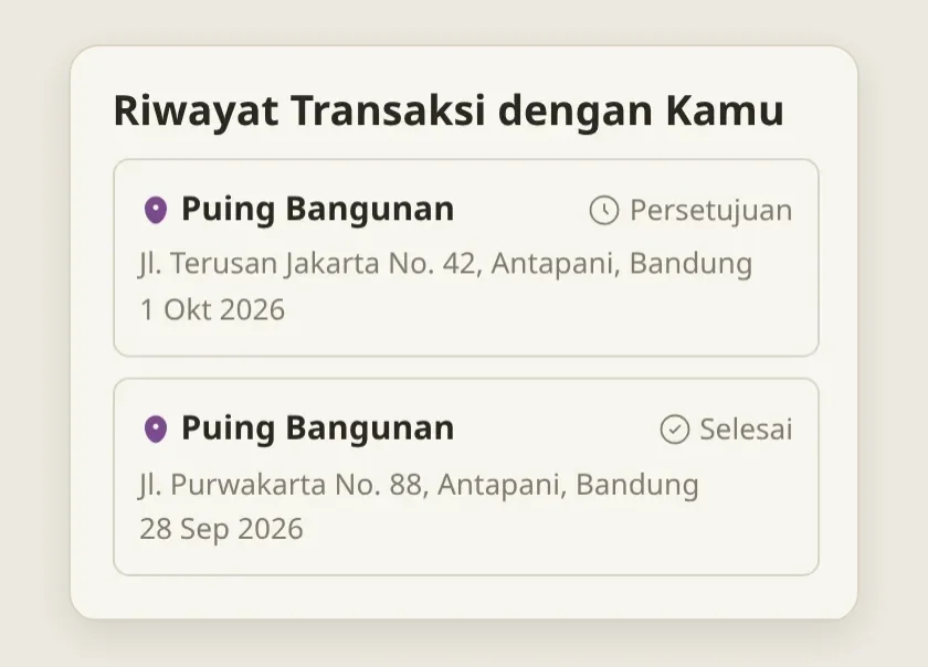 Riwayat Transaksi dengan Kamu di profil Pak Budi: dua job bareng Bu Sari, satu tahap Persetujuan dan satu Selesai