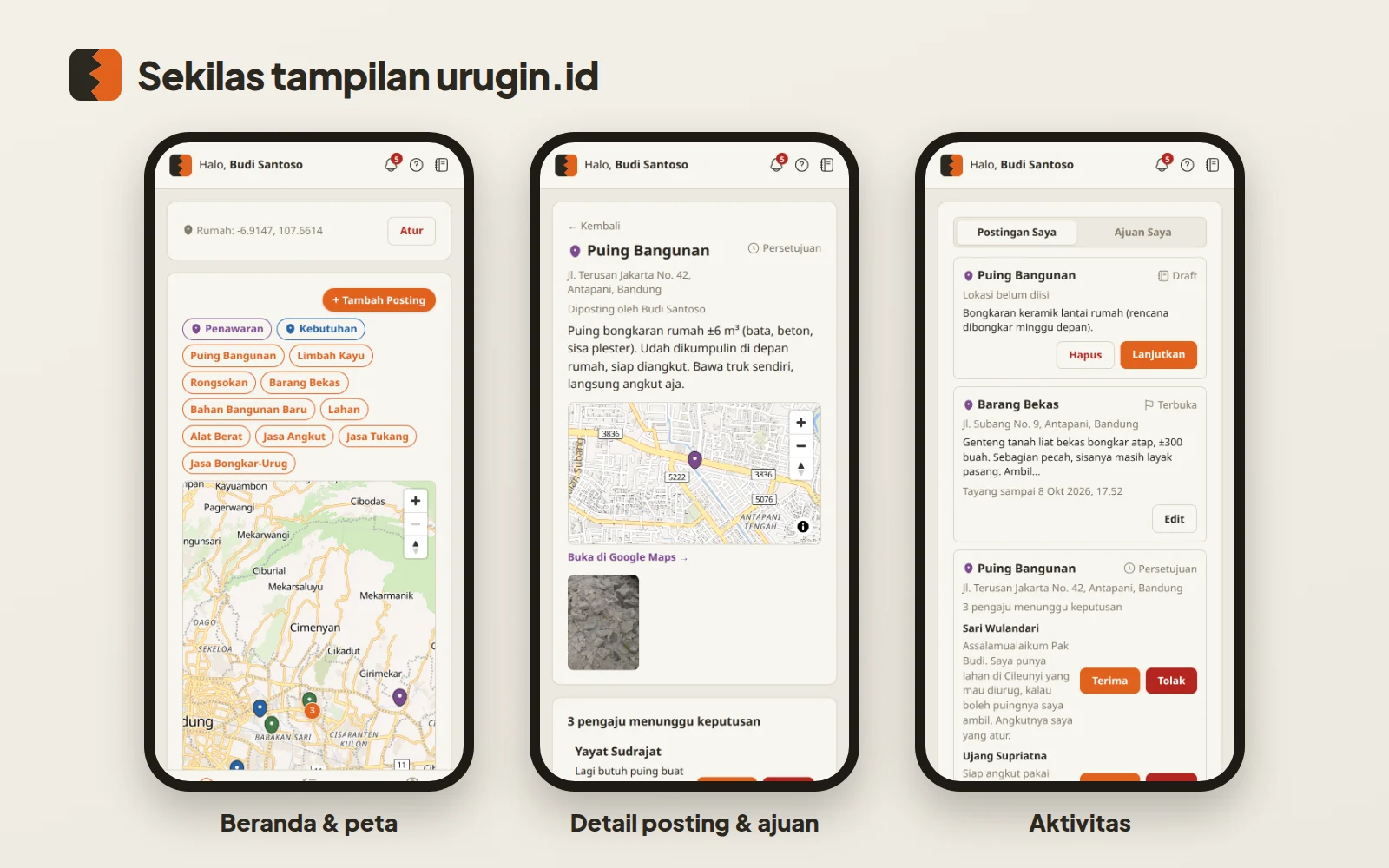 Sekilas tampilan urugin.id: Beranda dengan peta, detail posting, dan halaman Aktivitas