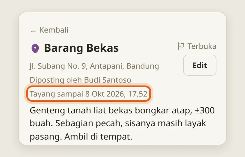 Halaman posting Pak Budi yang masih terbuka: Tayang sampai 8 Okt 2026, 17.52, dan tombol Edit